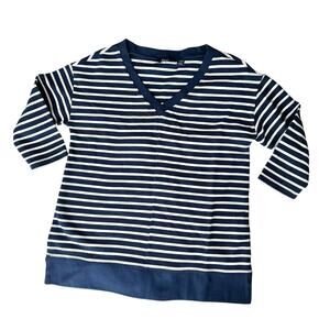 Land's End MP 3/4 sleeve top blouse comfort shirt nautical stripe navy white
